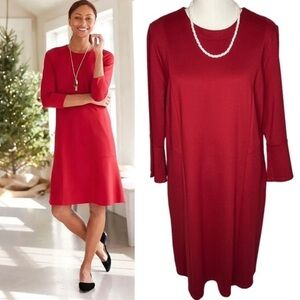 J Jill Women’s Red Ponte Knit 3/4 Sleeve Round Neck Pull Over Shift Dress Size L